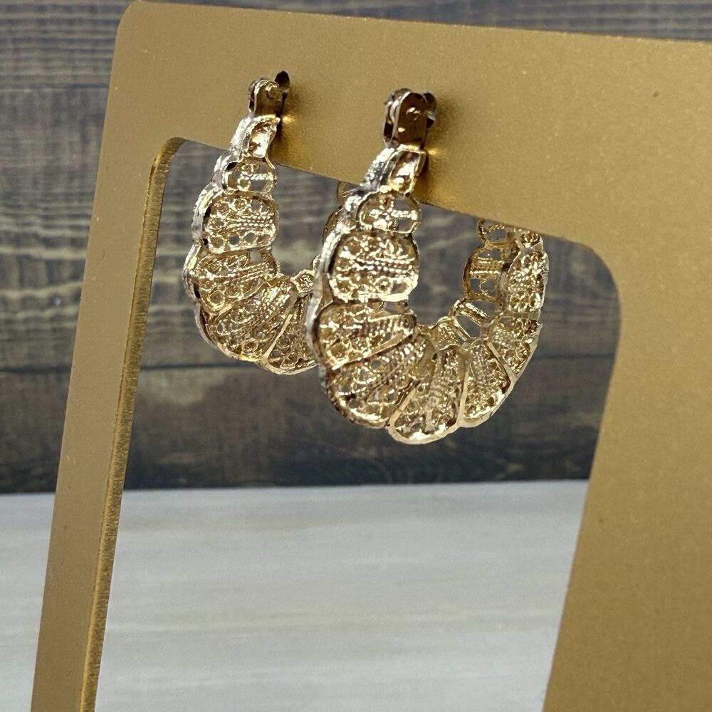 Vintage 925 Sterling Silver Vermeil Gold Filigree Hoop Earrings